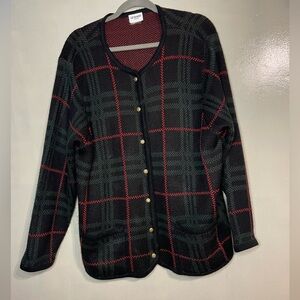 Liz Baker heavy knit button cardigan blazer green and red plaid XL holidays